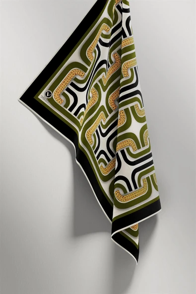 Twill Geometrik Zincir Desenli Haki Renkli 90x90 Eşarp (İpek İçermez) Kenar Dikiş Şekli El Dikişli - Resim 5