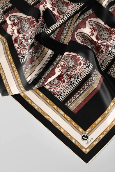 Twill Şal Desenli Siyah Renkli 90x90 Eşarp (İpek İçermez) Kenar Dikiş Şekli El Dikişli - Resim 3