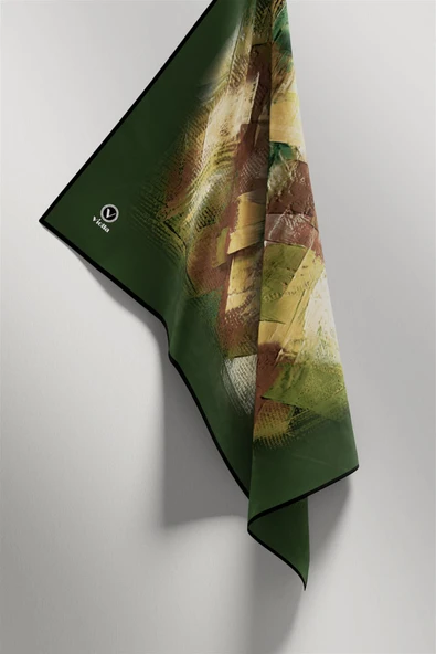 Twill Fırça Efektli Desenli Zümrüt Yeşili Renkli 90x90 Eşarp (İpek İçermez) Kenar Dikiş Şekli El Dikişli - Resim 4