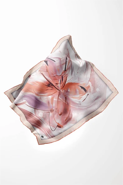 Twill Çiçek Tablo Desenli Somon Renkli 90x90 Eşarp (İpek İçermez) Kenar Dikiş Şekli El Dikişli - Resim 3