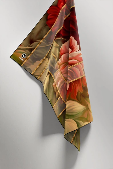 Twill Gül Desenli Bordo - Vizon Renkli 90x90 Eşarp (İpek İçermez) Kenar Dikiş Şekli El Dikişli - Resim 4