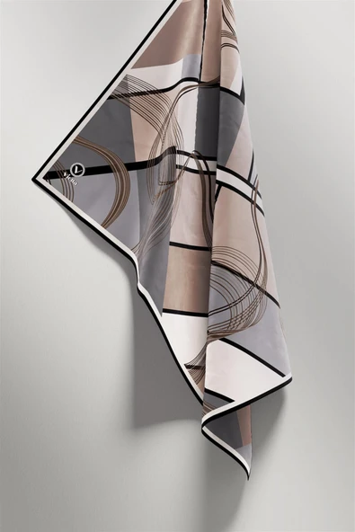 Twill Geometrik Desenli Gri - Bej Renkli 90x90 Eşarp (İpek İçermez) Dikim Şekli : El Dikişi - Resim 5