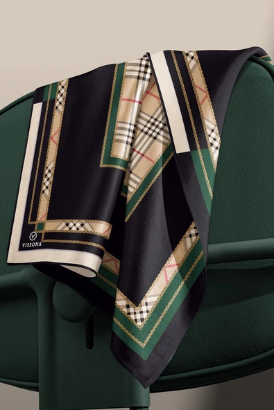 %100 Twill İpek Ekose Desenli Zümrüt Yeşili Renkli 90x90 Eşarp Dikim Şekli : El Dikişi - Resim 3