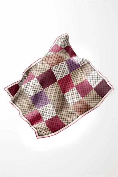 Twill Kare Desenli Pembe Renkli 90x90 Eşarp (İpek İçermez) Kenar Dikiş Şekli El Dikişli - Resim 3