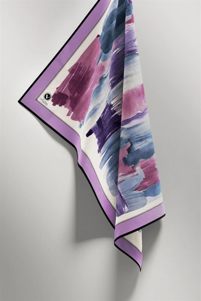 Twill Fırça Darbesi Desenli Lila Renkli 90x90 Eşarp (İpek İçermez) Kenar Dikiş Şekli El Dikişli - Resim 4