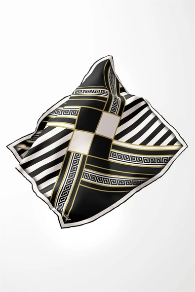 Twill Çizgili Geometrik Desenli Siyah Renkli 90x90 Eşarp (İpek İçermez) Kenar Dikiş Şekli El Dikişli - Resim 3