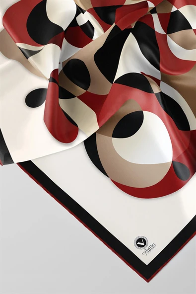 Twill Geometrik Desenli Bordo Renkli 90x90 Eşarp (İpek İçermez) Kenar Dikiş Şekli El Dikişli - Resim 2