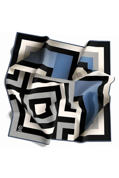 Twill Geometrik Desenli İndigo Renkli 90x90 Eşarp (İpek İçermez) Dikim Şekli : El Dikişi - Resim 3