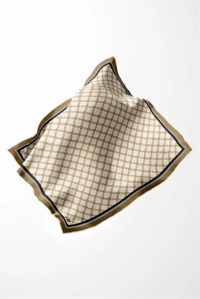 Twill Minik Motifli Geometrik Desenli Bej - Kahverengi Renkli 90x90 Eşarp (İpek İçermez) Dikim Şekli : El Dikişi - Resim 3