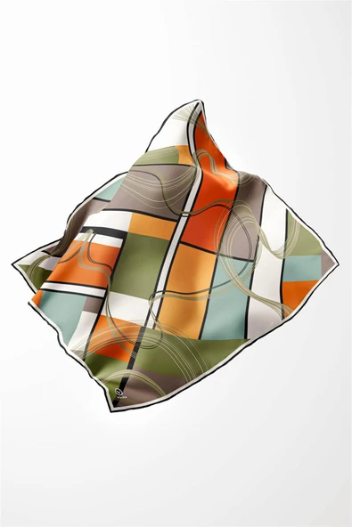 Twill Geometrik Desenli Turuncu - Haki Renkli 90x90 Eşarp (İpek İçermez) Dikim Şekli : El Dikişi - Resim 3