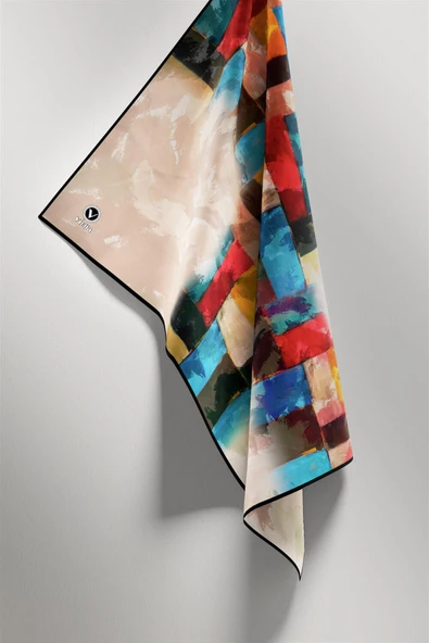 Twill Yağlı Boya Desenli Petrol Mavisi Renkli 90x90 Eşarp (İpek İçermez) Kenar Dikiş Şekli El Dikişli - Resim 5