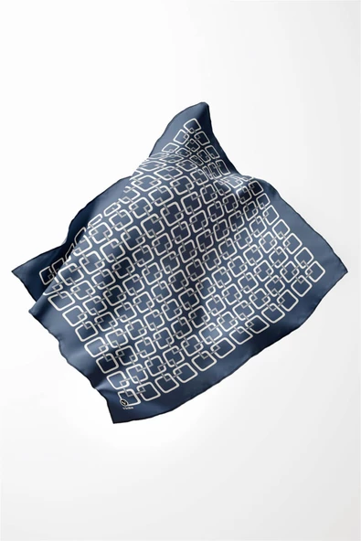 Twill Geometrik Desenli İndigo Renkli 90x90 Eşarp (İpek İçermez) Kenar Dikiş Şekli El Dikişli - Resim 3