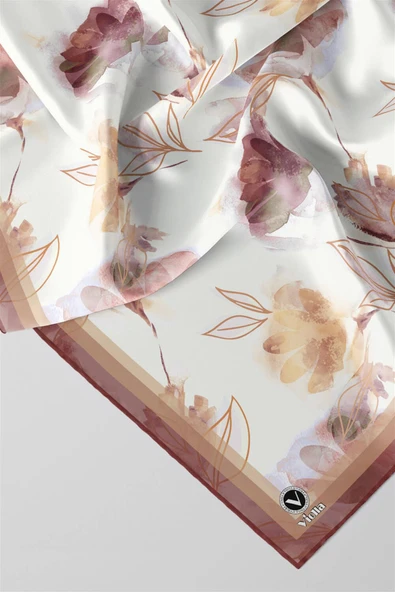 Twill Suluboya Çiçek Desenli Gül Kurusu Renkli 90x90 Eşarp (İpek İçermez) Kenar Dikiş Şekli El Dikişli - Resim 2