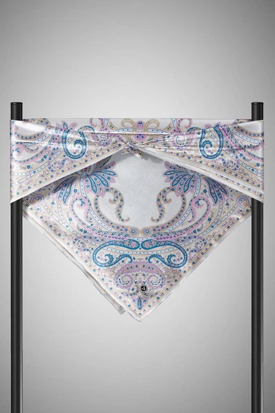 %100 Twill İpek Şal Desenli Gri Renkli 90x90 Eşarp Dikim Şekli : El Dikişi - Resim 3