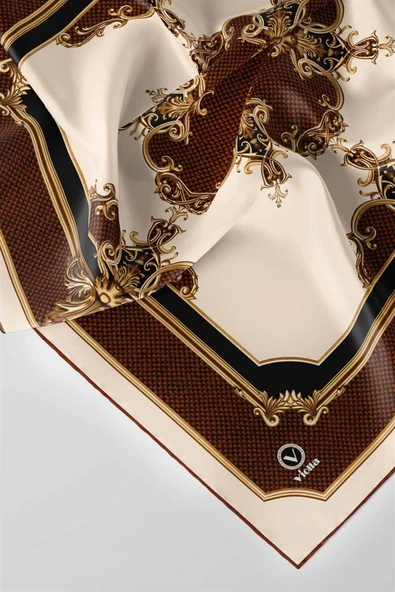 Twill Barok Desenli Taba Renkli 90x90 Eşarp (İpek İçermez) Dikim Şekli : El Dikişi - Resim 5