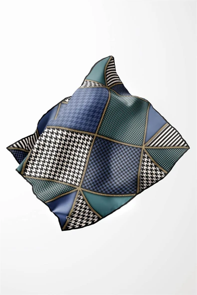 Twil Geometrik Ve Kazayak Desenli İndigo - Petrol Yeşili Renkli 90x90 Eşarp (İpek İçermez) Dikim Şekli : El Dikişi - Resim 6