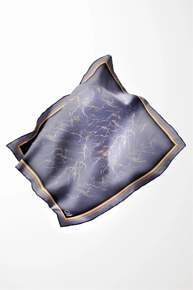 Twill Barok Çerçeveli Mermer Desenli İndigo Renkli 90x90 Eşarp (İpek İçermez) Kenar Dikiş Şekli El Dikişli - Resim 4