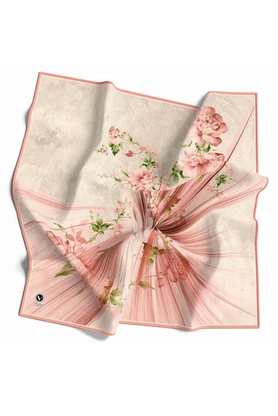 Twill Çiçekli Desenli Somon Renkli 90x90 Eşarp (İpek İçermez) Kenar Dikiş Şekli El Dikişli ürün görseli
