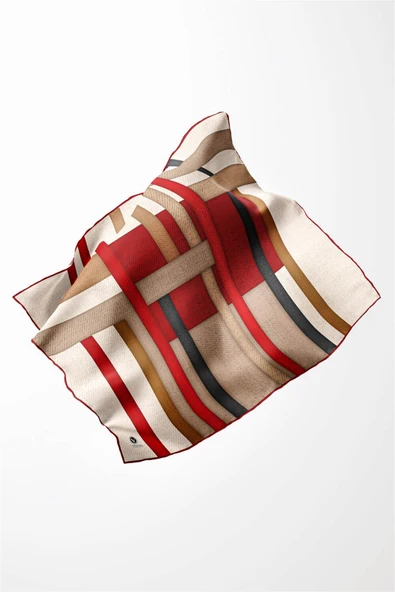 Twill Renkli Şerit Desenli Bordo Renkli 90x90 Eşarp (İpek İçermez) Kenar Dikiş Şekli El Dikişli - Resim 3