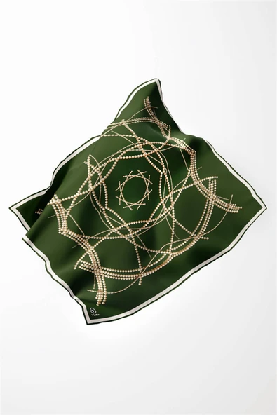 Twill Boncuk Desenli Zümrüt Yeşili Renkli 90x90 Eşarp (İpek İçermez) Kenar Dikiş Şekli El Dikişli - Resim 3