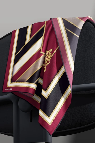 %100 Twill İpek Baroklu Ve Geometrik Desenli Bordo - Siyah Renkli 90x90 Eşarp Dikim Şekli : El Dikişi - Resim 5