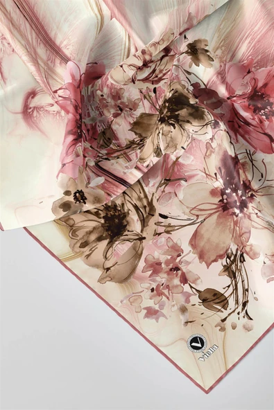 Twill Çiçek Desenli Pudra Renkli 90x90 Eşarp (İpek İçermez) Kenar Dikiş Şekli El Dikişli - Resim 2