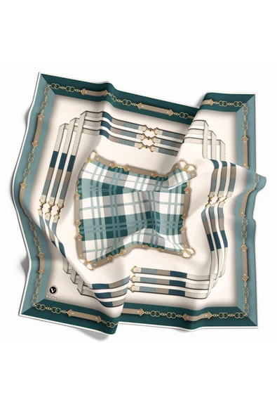 Twill Ekoseli Ve Zincir Desenli Mint Yeşili Renkli 90x90 Eşarp (İpek İçermez) Dikim Şekli : El Dikişi - Resim 2