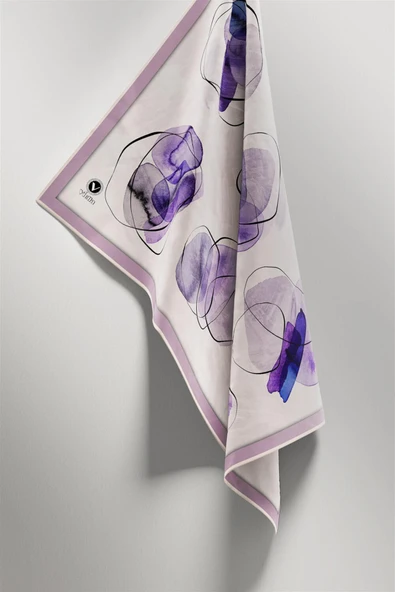 Twill Sulu Boya Geometrik Desenli Lila Renkli 90x90 Eşarp (İpek İçermez) Kenar Dikiş Şekli El Dikişli - Resim 4