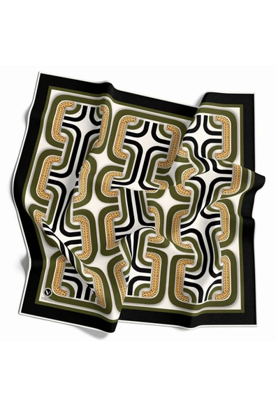 Twill Geometrik Zincir Desenli Haki Renkli 90x90 Eşarp (İpek İçermez) Kenar Dikiş Şekli El Dikişli - Resim 2