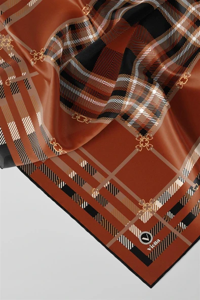 Twill Kemerli ve Ekose Desenli Taba Renkli 90x90 Eşarp (İpek İçermez)Kenar Dikiş Şekli El Dikişli - Resim 4