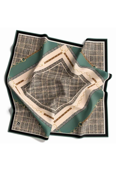 Twill Kemer ve Zincir Detaylı Ekose Desenli Petrol Yeşili Renkli 90x90 Eşarp (İpek İçermez) Kenar Dikiş Şekli El Dikişli - Resim 2