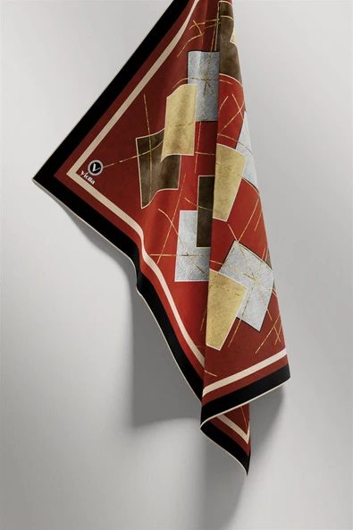 Twill Geometrik Desenli Taba Renkli 90x90 Eşarp (İpek İçermez) Kenar Dikiş Şekli El Dikişli - Resim 3