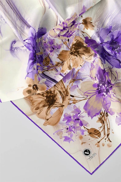 Twill Çiçek Desenli Mor Renkli 90x90 Eşarp (İpek İçermez) Kenar Dikiş Şekli El Dikişli - Resim 2