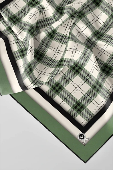 Twill Ekose Desenli Mint Yeşili Renkli 90x90 Eşarp (İpek İçermez) Kenar Dikiş Şekli El Dikişli - Resim 2