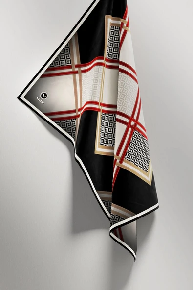 Twill Geometrik Desenli Siyah - Bordo Renkli 90x90 Eşarp (İpek İçermez) Kenar Dikiş Şekli El Dikişli - Resim 3