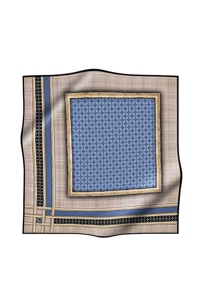 Twill Gold Bordürlü Geometrik Desenli Bebe Mavisi Renkli 90x90 Eşarp (İpek İçermez) Kenar Dikiş Şekli El Dikişli - Resim 2