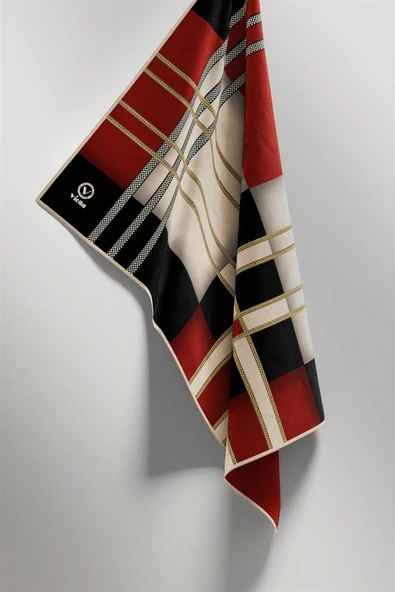 Twill Geometrik Desenli Siyah - Bordo Renkli 90x90 Eşarp (İpek İçermez) Kenar Dikiş Şekli El Dikişli - Resim 5