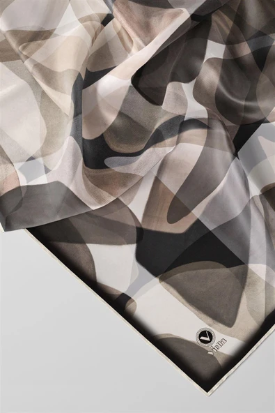 Twill Geometrik Batik Desenli Gri Renkli 90x90 Eşarp (İpek İçermez) Kenar Dikiş Şekli El Dikişli - Resim 3