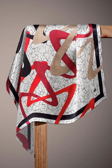 %100 Twill İpek Geometrik Ve Çatlak Desenli Bordo - Siyah Renkli 90x90 Eşarp Dikim Şekli : El Dikişi - Resim 3