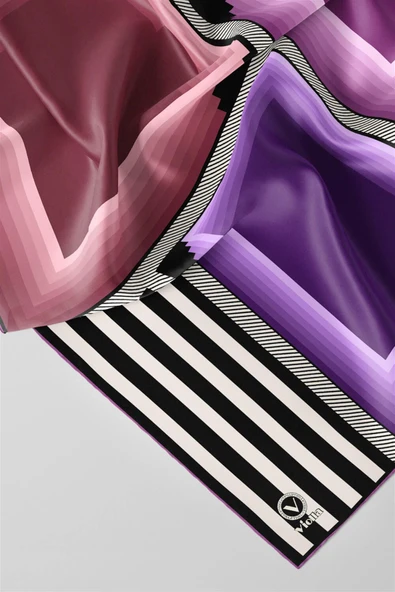 Twill Geometrik Desenli Lila Renkli 90x90 Eşarp (İpek İçermez) Kenar Dikiş Şekli El Dikişli - Resim 3