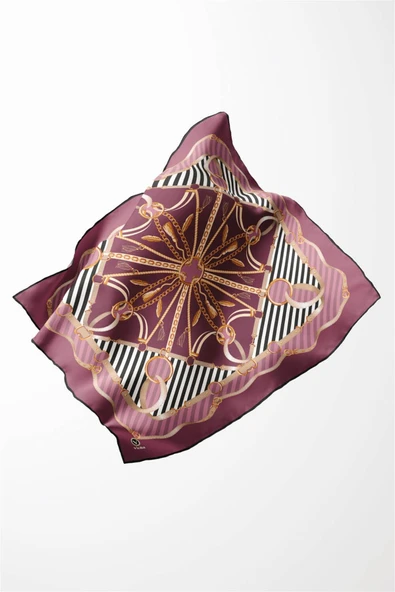 Twill Zincirli Ve Kemer Desenli Pembe Renkli 90x90 Eşarp (İpek İçermez) Kenar Dikiş Şekli El Dikişli - Resim 2
