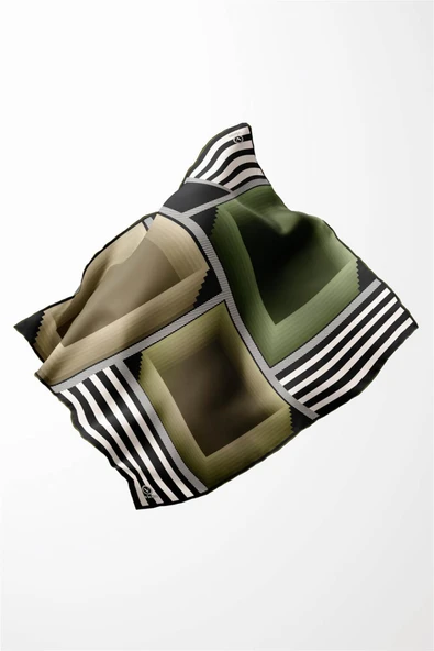 Twill Geometrik Desenli Haki Renkli 90x90 Eşarp (İpek İçermez) Kenar Dikiş Şekli El Dikişli - Resim 3
