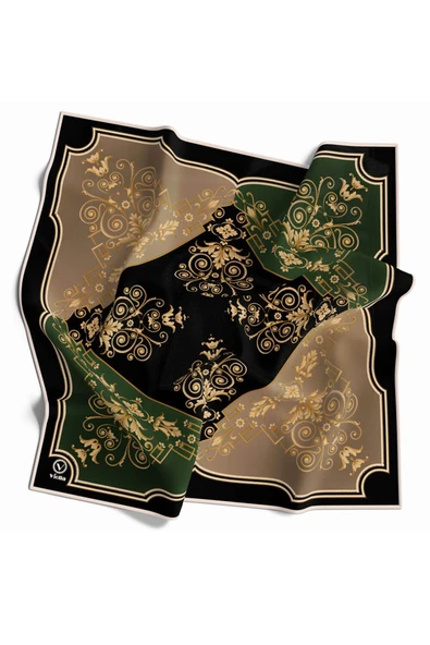 Twill Gold Desenli Zümrüt Yeşili Renkli 90x90 Eşarp (İpek İçermez) Kenar Dikiş Şekli El Dikişli ürün görseli