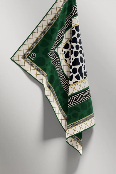 Twill Taş Desenli Zümrüt Yeşili Renkli 90x90 Eşarp (İpek İçermez) Kenar Dikiş Şekli El Dikişli - Resim 5