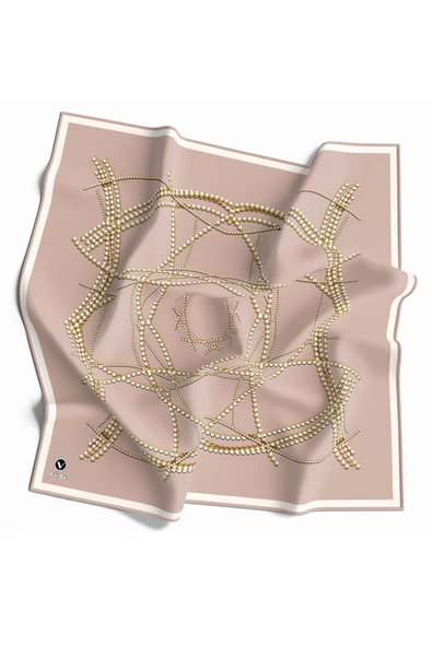 Twill Boncuk Desenli Bej Renkli 90x90 Eşarp (İpek İçermez) Kenar Dikiş Şekli El Dikişli - Resim 2