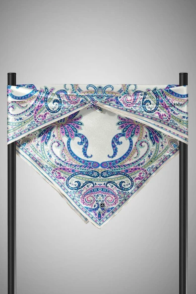 %100 Twill İpek Şal Desenli Krem - Saks Renkli 90x90 Eşarp Dikim Şekli : El Dikişi - Resim 3