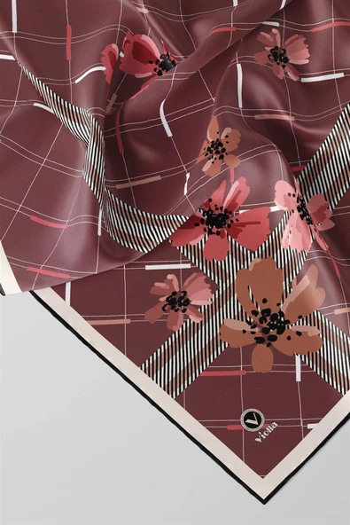 Twill Papatya Desenli Gül Kurusu Renkli 90x90 Eşarp (İpek İçermez) Kenar Dikiş Şekli El Dikişli - Resim 3