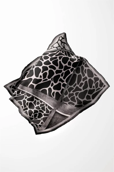 Twill Taş Desenli Gri Renkli 90x90 Eşarp (İpek İçermez)Kenar Dikiş Şekli El Dikişli - Resim 4