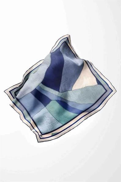 Twill Geometrik Desenli İndigo Renkli 90x90 Eşarp (İpek İçermez) Kenar Dikiş Şekli El Dikişli - Resim 3