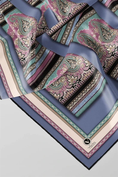 Twill Şal Desenli İndigo Renkli 90x90 Eşarp (İpek İçermez) Kenar Dikiş Şekli El Dikişli - Resim 3